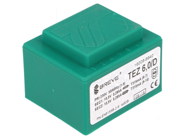 Transformator: ingegoten; 6VA; 230VAC; 10,5V; 10,5V; 285,7mA; PCB Transformator: ingegoten; 6VA; 230VAC; 10,5V; 10,5V; 285,7mA; PCB